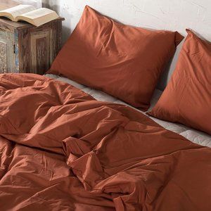 Bed Set 3 piece queen size duvet with pillowcases rust orange color 100% cotton